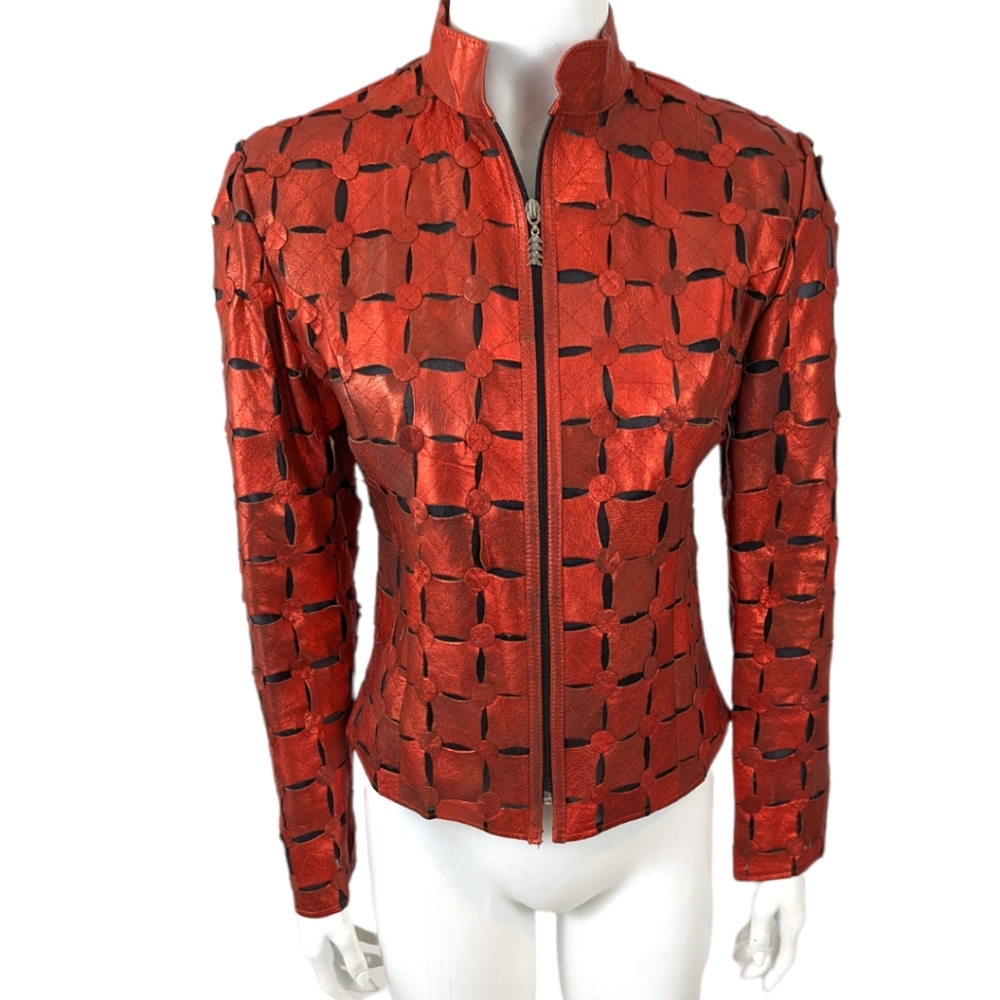 Vintage 80s Red Metallic Leather Cut Out Jacket Image Leather Womens XS Thriller